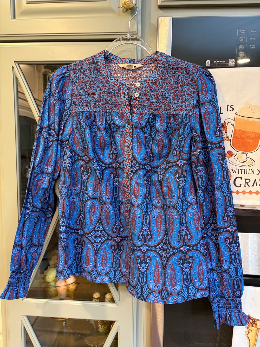 Boden Blue and Red Paisley Smocked Yoke Long-Sleeve Peasant Blouse 2